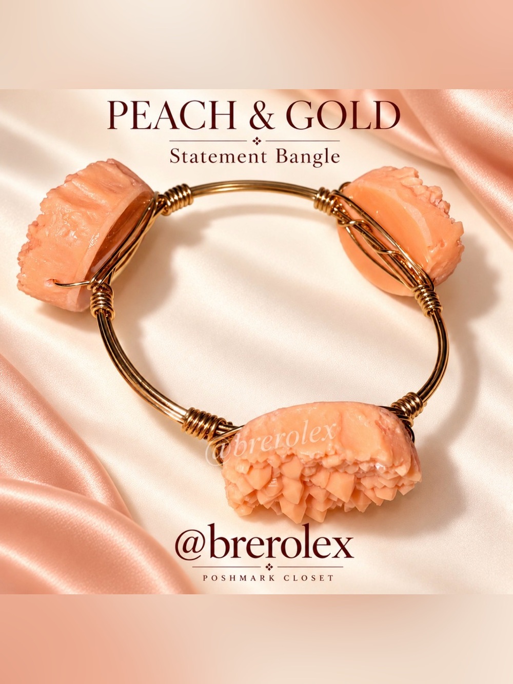 SUGAR Peach Faux Druzy-Look Gold-Tone Wire-Wrapped Statement Bangle Bracelet
